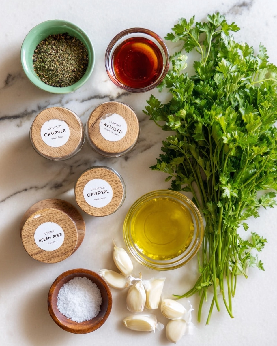 The image shows a group of ingredients placed on a white marbled surface. On the top right, there is a fresh bunch of green parsley. Below the parsley, three peeled garlic cloves are laid out. To the left, two small containers with wooden lids are labeled
