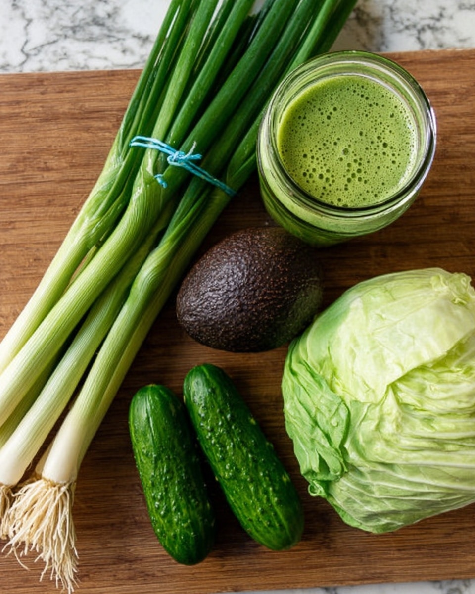 A top-down view of fresh green vegetables and a glass jar filled with green juice on a wooden surface replaced by white marbled texture. There is a bunch of green onions with long, thin green stalks and white bulbs tied with a blue rubber band at the top. Below the onions, there are three small cucumbers with dark green bumpy skin, and next to them is a dark brown avocado with rough skin. To the right, there is a whole pale green cabbage with smooth, folded leaves. The green juice in the jar looks thick with small bubbles on the surface. Photo taken with an iphone --ar 4:5 --v 7