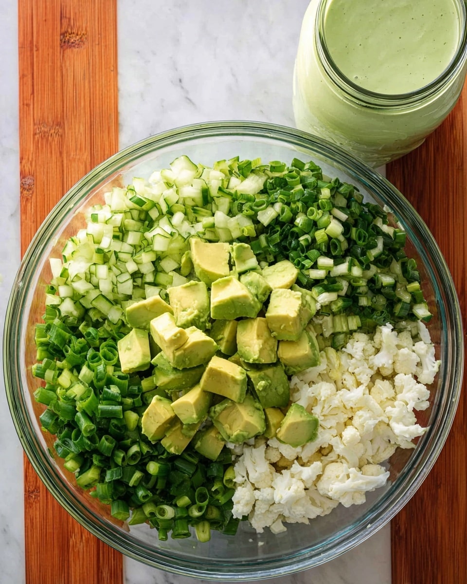 A clear glass bowl filled with four visible layers of chopped ingredients sits on a white marbled surface. Around the edges are small light green chopped spring onions on the left side, small dark green chopped cucumber pieces at the top, and finely chopped white cauliflower pieces on the right and bottom. In the center of the bowl, there are medium-sized chunks of light green avocado piled on top. Next to the bowl, on the right side, there is a mason jar filled with light green creamy dressing. Photo taken with an iphone --ar 4:5 --v 7