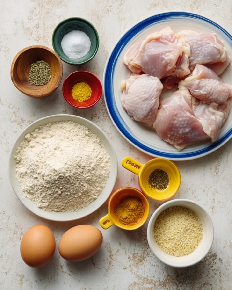 The image shows raw chicken pieces on a white plate with a blue rim placed to the right side on a white marbled surface. Around the plate, there are small ceramic bowls with different ingredients: a wooden bowl with salt, a green bowl with pepper, a yellow measuring cup filled with grated cheese, a small red bowl with a yellow spice, and a yellow bowl with dried herbs. Near these bowls, there are two brown eggs, a white measuring cup with flour, and a white bowl filled with breadcrumbs arranged neatly on the white marbled texture. photo taken with an iphone --ar 4:5 --v 7