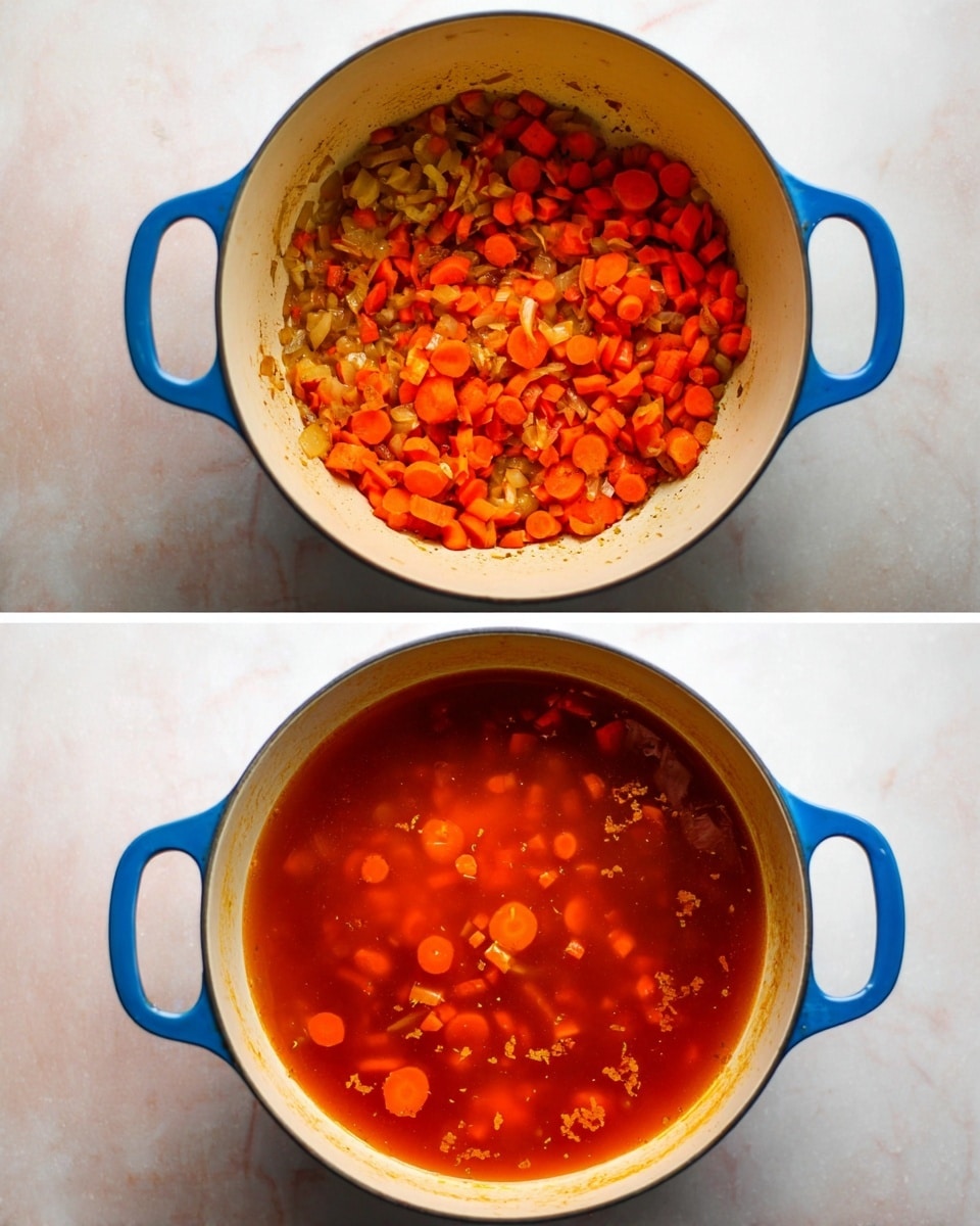 A large blue pot with a white inside sits on a white marbled surface. In the first image, the pot contains cooked chopped onions and many small orange carrot slices, all mixed together with a slightly oily and soft texture. In the second image, the same pot is filled with a thin, orange-red liquid soup with some chopped carrots floating on the surface and small bubbles scattered around. The pot has two handles visible on each side. photo taken with an iphone --ar 4:5 --v 7