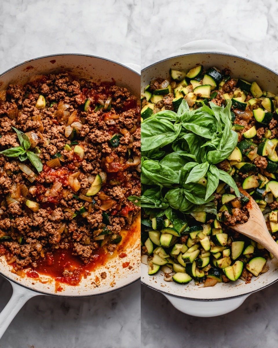 The image shows two white pans on a white marbled surface filled with cooked ground meat mixed with chopped green zucchini and small bits of onion. In the left pan, there is some red sauce scattered among the meat and vegetables. In the right pan, a wooden spoon rests inside, and there is a large pile of fresh green basil leaves placed on top of the meat and vegetables. The colors are mainly brown from the cooked meat, green from the zucchini and basil, with some red from the sauce. Photo taken with an iphone --ar 4:5 --v 7