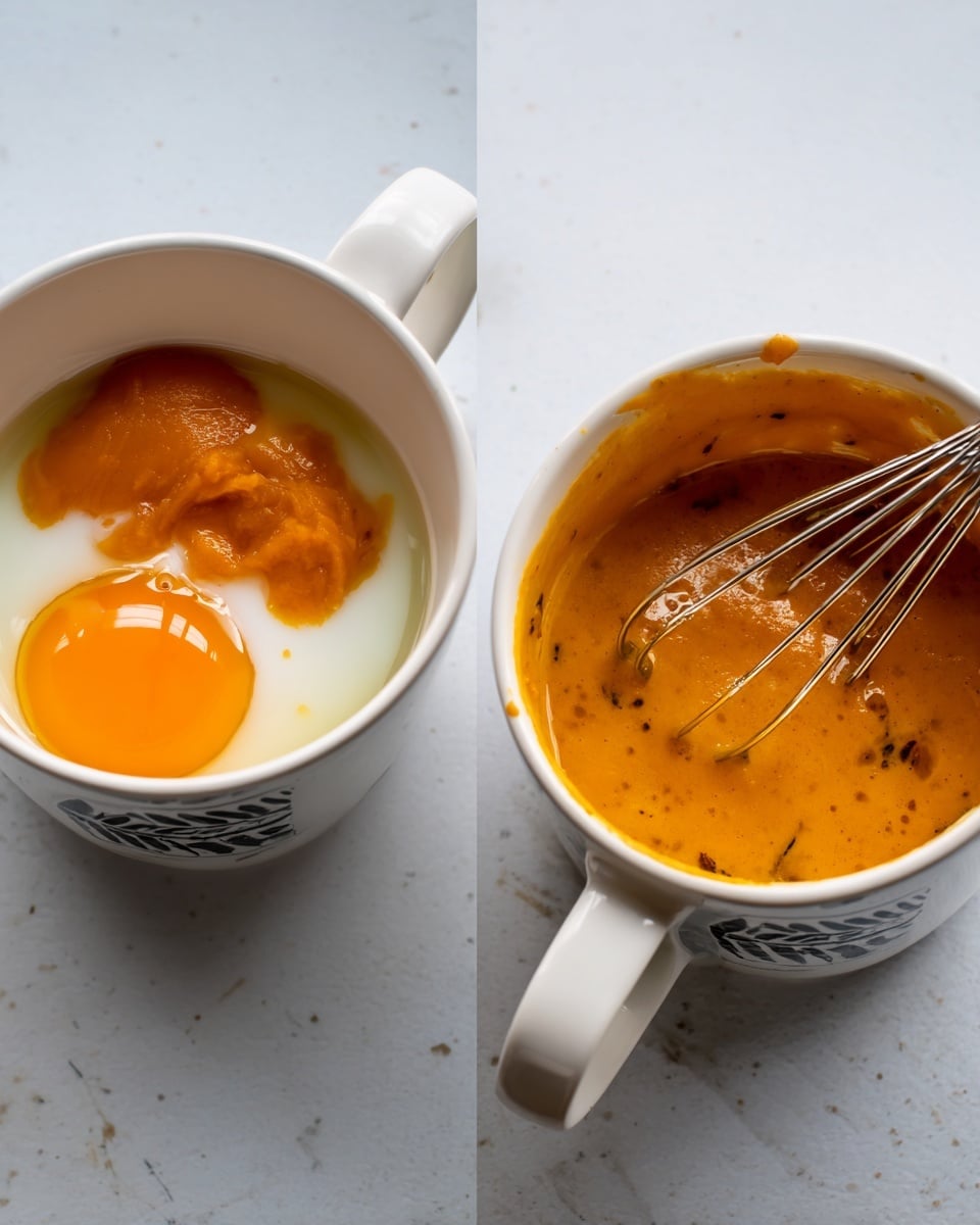 Two white ceramic mugs sit side by side on a white marbled surface. The left mug shows separate layers of ingredients: a raw egg with a smooth, shiny orange yolk and clear white, white liquid, and three dollops of thick orange pumpkin puree with a slightly chunky texture at the bottom. The right mug contains a smooth, thick orange batter with tiny darker flecks, evenly mixed by a small metal whisk resting inside. Both mugs have a simple black pattern near the top edge. photo taken with an iphone --ar 4:5 --v 7