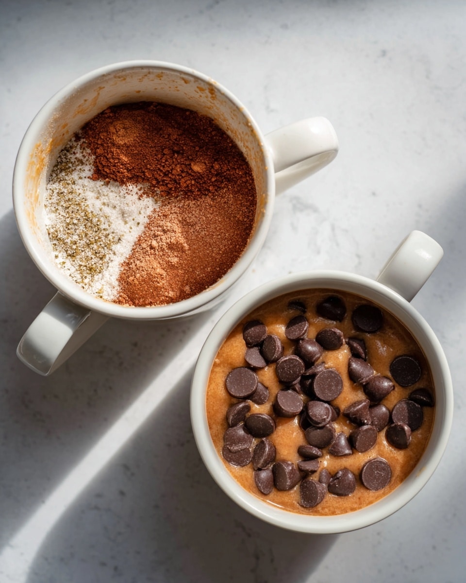 The image shows two white mugs on a white marbled surface. The left mug contains three visible layers of dry ingredients: a light brown powder on the left half, a darker reddish-brown powder on the right, and a white powder centered in the middle. The right mug is filled with a smooth, thick light brown batter topped with a layer of scattered round dark brown chocolate chips that are slightly shiny. Both mugs are lit with soft natural light, creating gentle shadows. Photo taken with an iphone --ar 4:5 --v 7