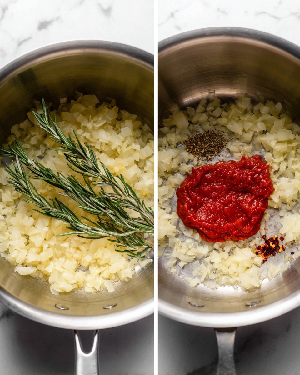 The image shows two side-by-side views inside a stainless steel pot with a shiny silver inside on a white marbled surface. In both views, there is a layer of small, soft, pale yellow pieces of cooked onion spread evenly at the bottom of the pot. On top of the onion, two sprigs of fresh green rosemary lay across the center. The right view adds a bright red dollop of thick tomato paste placed near the middle right of the pot, sitting just on the onions. Nearby, a small pile of dark red chili flakes is sprinkled next to the tomato paste, adding color contrast on the onion layer. Both images have natural lighting highlighting the textures of the onions and seasonings. Photo taken with an iphone --ar 4:5 --v 7