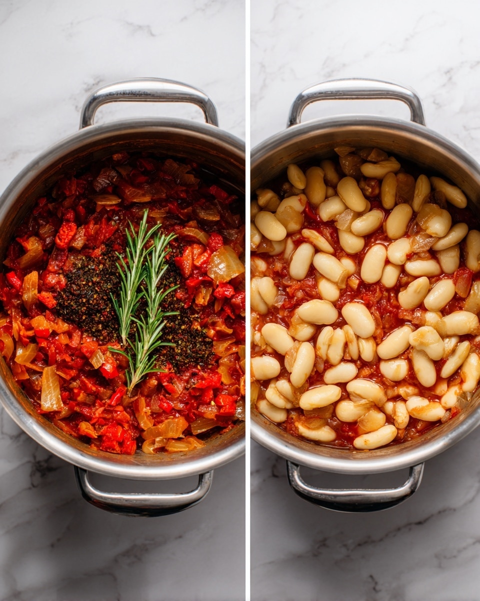 The first image shows a stainless steel pot filled with layers of cooked onions, diced red peppers, and a dark herb on top, all mixed with a rich red sauce, and garnished with a sprig of fresh rosemary in the center. The second image shows the same pot with a thick layer of large, pale white beans added on the top of the red sauce mixture. The pot is sitting on a white marbled surface. photo taken with an iphone --ar 4:5 --v 7