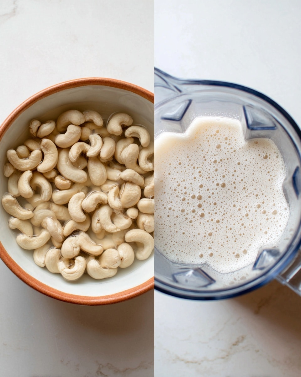 The image shows two side-by-side photos. On the left, there is a close-up of a white bowl filled with raw cashew nuts soaking in clear water, the cashews are pale beige and smooth, filling the bowl nearly to the top. On the right, a top view of a blender jug filled with a creamy white liquid that has small bubbles on the surface, giving it a slightly frothy look. Both photos have a white marbled background that adds a clean, bright feel to the scene. photo taken with an iphone --ar 4:5 --v 7