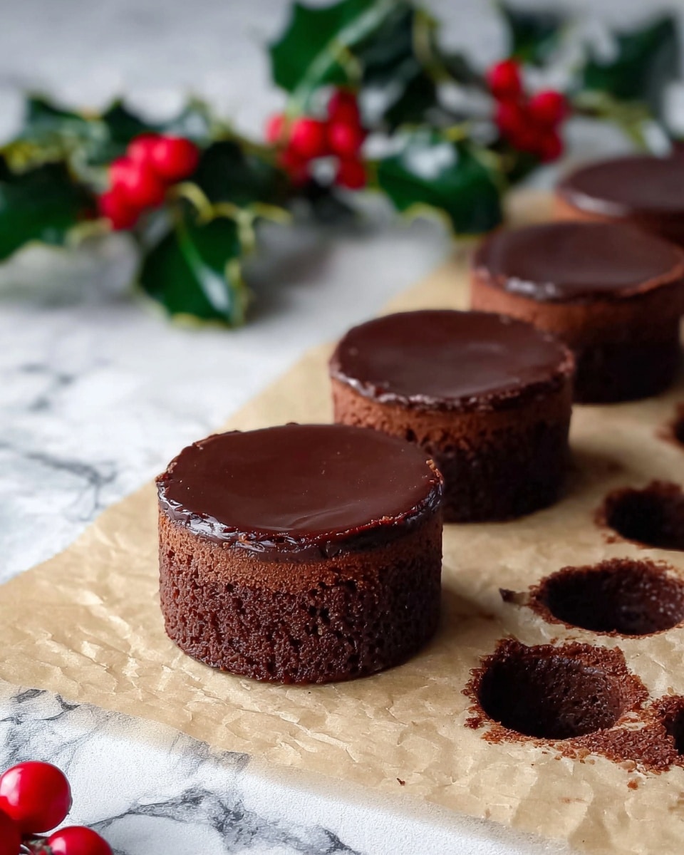 The image shows three small, round chocolate cakes with a shiny, smooth chocolate top layer and a soft, darker brown cake base. The cakes are placed on beige parchment paper, which also holds the leftover cake with several empty circular cutouts where the cakes were taken from. In the background, there is a green holly branch with bright red berries resting on a white marbled surface. A single red berry is visible at the bottom edge of the image. The overall color contrasts dark chocolate brown with the bright red and green holiday decoration. photo taken with an iphone --ar 4:5 --v 7