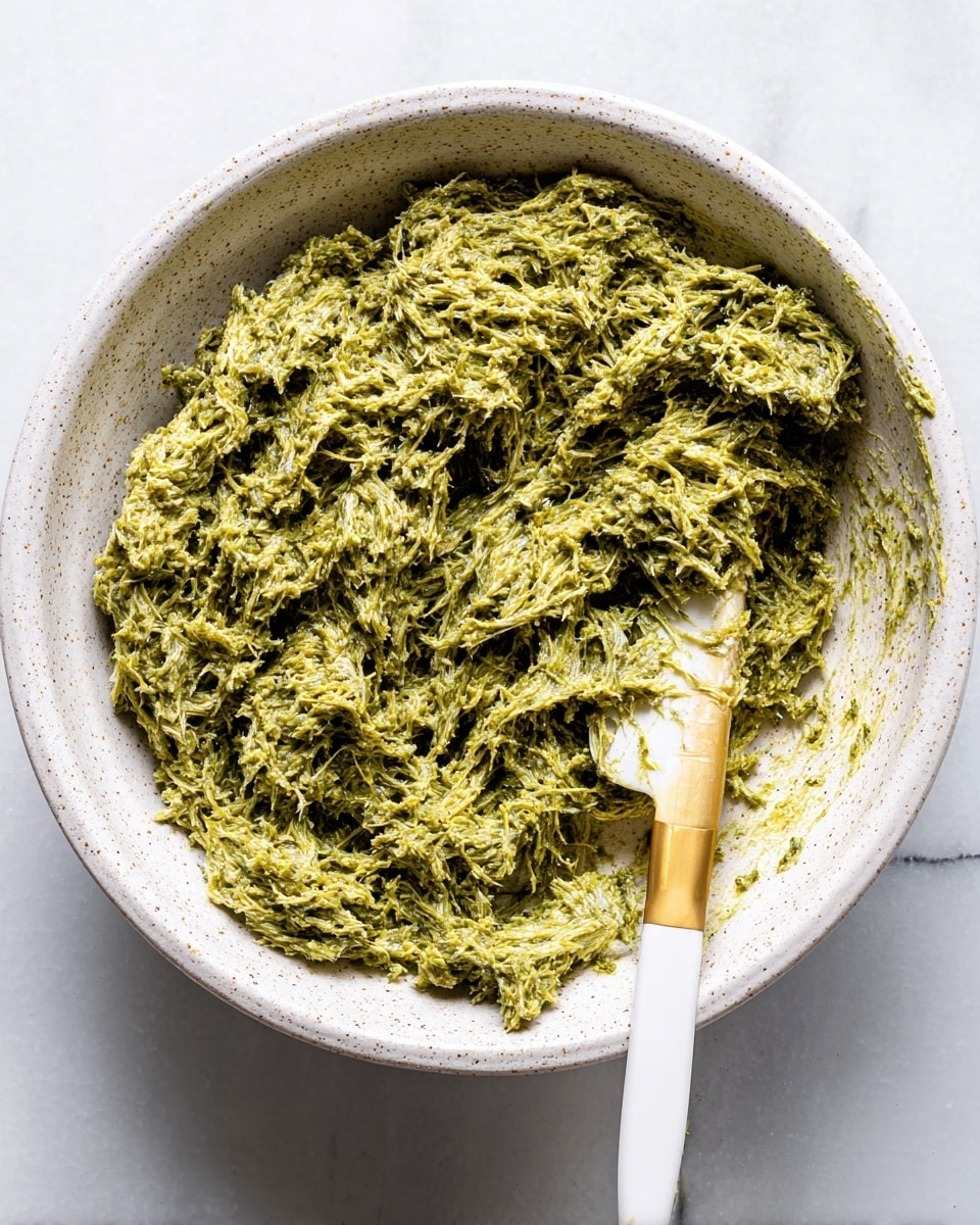 A white speckled bowl filled with a textured green mixture that looks creamy and shredded, evenly spread across the bowl’s depth. The green mixture has fine strands and a slightly clumped appearance, suggesting it is thick and sticky. A white spatula with a gold handle rests on the right side, partially covered in the same green mixture, its tip embedded in the dish. The bowl is placed on a white marbled surface, adding subtle contrast to the earthy green color of the food. photo taken with an iphone --ar 4:5 --v 7