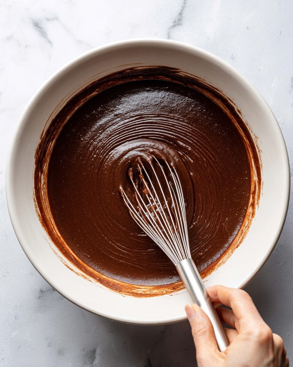 A close-up view of a white bowl filled with smooth, dark brown chocolate batter. The batter has a thick, shiny texture with slight swirls made by a metal whisk resting in the center. A woman's hand is holding the whisk, stirring the mixture gently from the lower right side. The bowl sits on a surface with a white marbled texture. Photo taken with an iphone --ar 4:5 --v 7