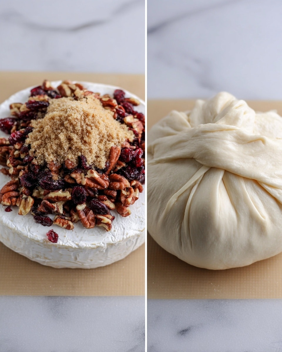 This image shows a square-shaped pastry with many thin, golden-brown flaky layers on the top and sides. Inside, there are two main layers: a creamy white layer sitting above a deep red berry filling with whole berries visible. On top, the pastry is covered with whole and chopped pecans and red berries, garnished with a small green sprig of rosemary in the center. The pastry sits on a white plate placed on a white marbled surface. Photo taken with an iphone --ar 4:5 --v 7