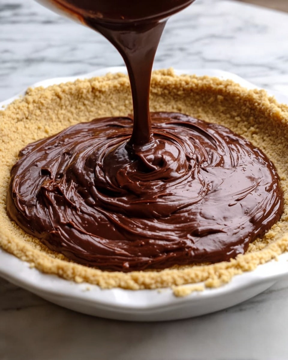 The image shows a pie with two layers: the bottom layer is a light tan, crumbly crust forming the base and sides of the white pie dish, and the top layer is a thick, dark brown chocolate filling being poured onto the crust, creating shiny swirls and folds as it spreads across the center. The pie sits on a white marbled surface. Photo taken with an iphone --ar 4:5 --v 7