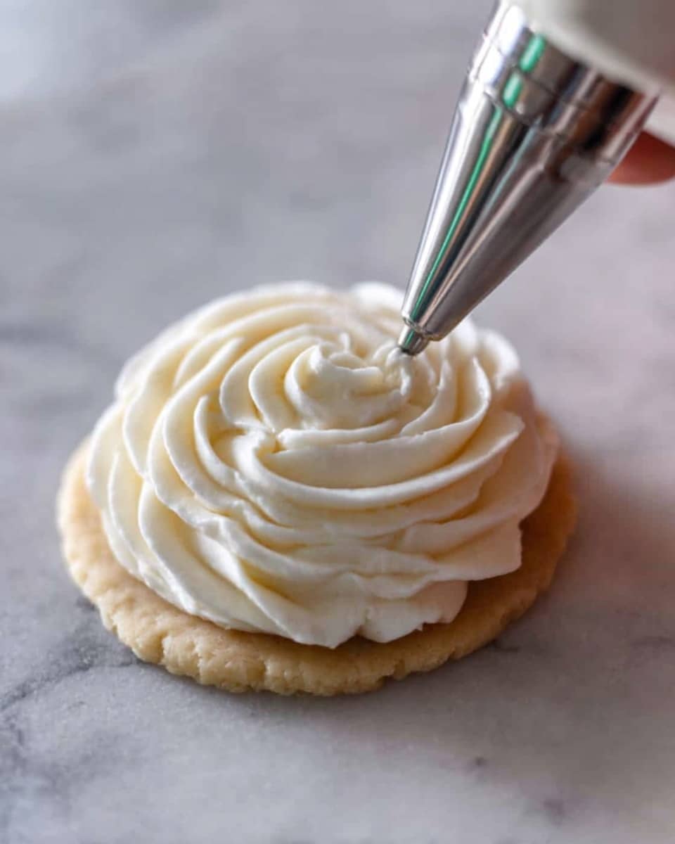 A small round piece of light beige dough sits on a white marbled surface, topped with a thick swirl of creamy white frosting being piped neatly in circular layers from a silver piping tip held by a woman's hand. The frosting has a smooth, soft texture with slight ridges from the piping. Photo taken with an iphone --ar 4:5 --v 7