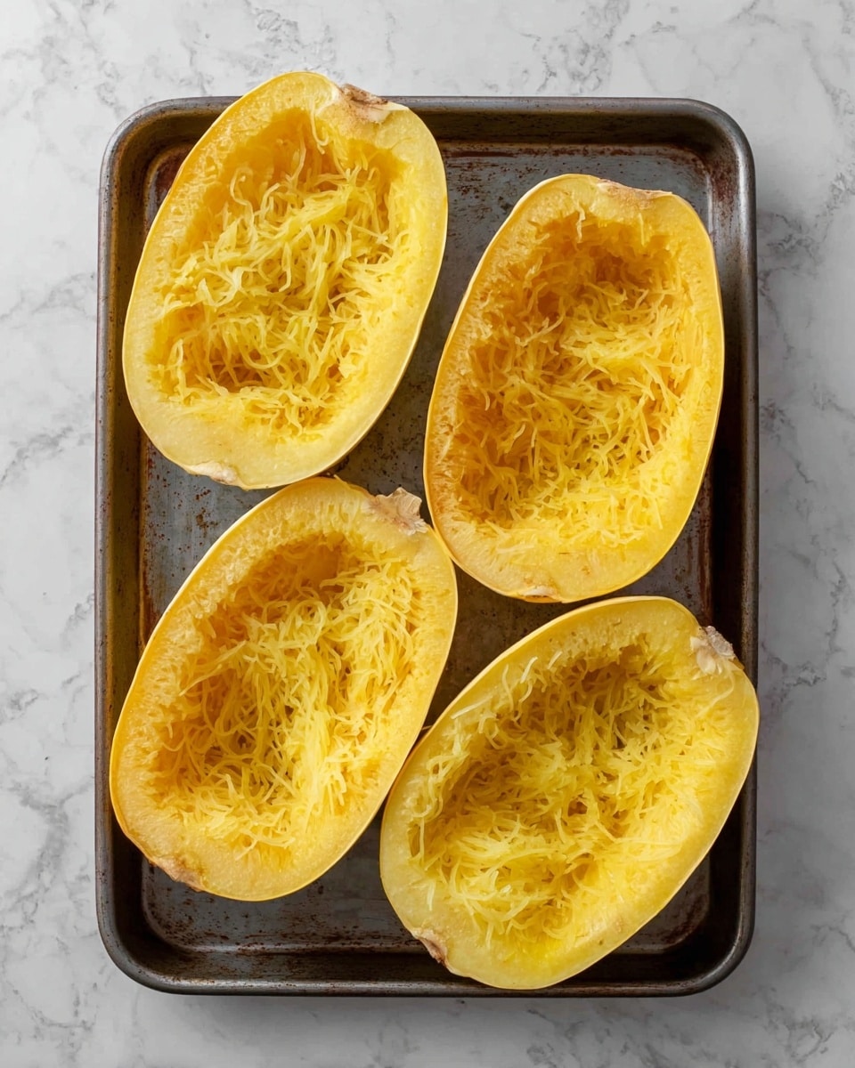 Four halves of cooked spaghetti squash are placed inside a dark metal baking tray. Each half shows a bright yellow inner flesh with stringy, noodle-like textures that are light and slightly translucent. The outer rind of each half is a light yellow-orange, contrasting softly with the interior strands. The tray rests on a white marbled surface with subtle gray veins. The image is shot from above, clearly showing the fibrous inside of the squash halves. Photo taken with an iphone --ar 4:5 --v 7