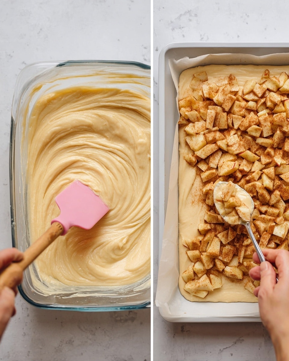 Two square pieces of cake are stacked on a white marbled surface. Each piece has three layers: a thick bottom layer of light golden yellow sponge cake with a soft texture; a middle layer of thin, slightly visible apple slices mixed with cinnamon; and a top layer of crumbly, brown streusel sprinkled with a white glaze drizzle. Around the cake, there are small crumbs scattered, and a blurred white cup and colorful fruit are visible in the background. photo taken with an iphone --ar 4:5 --v 7