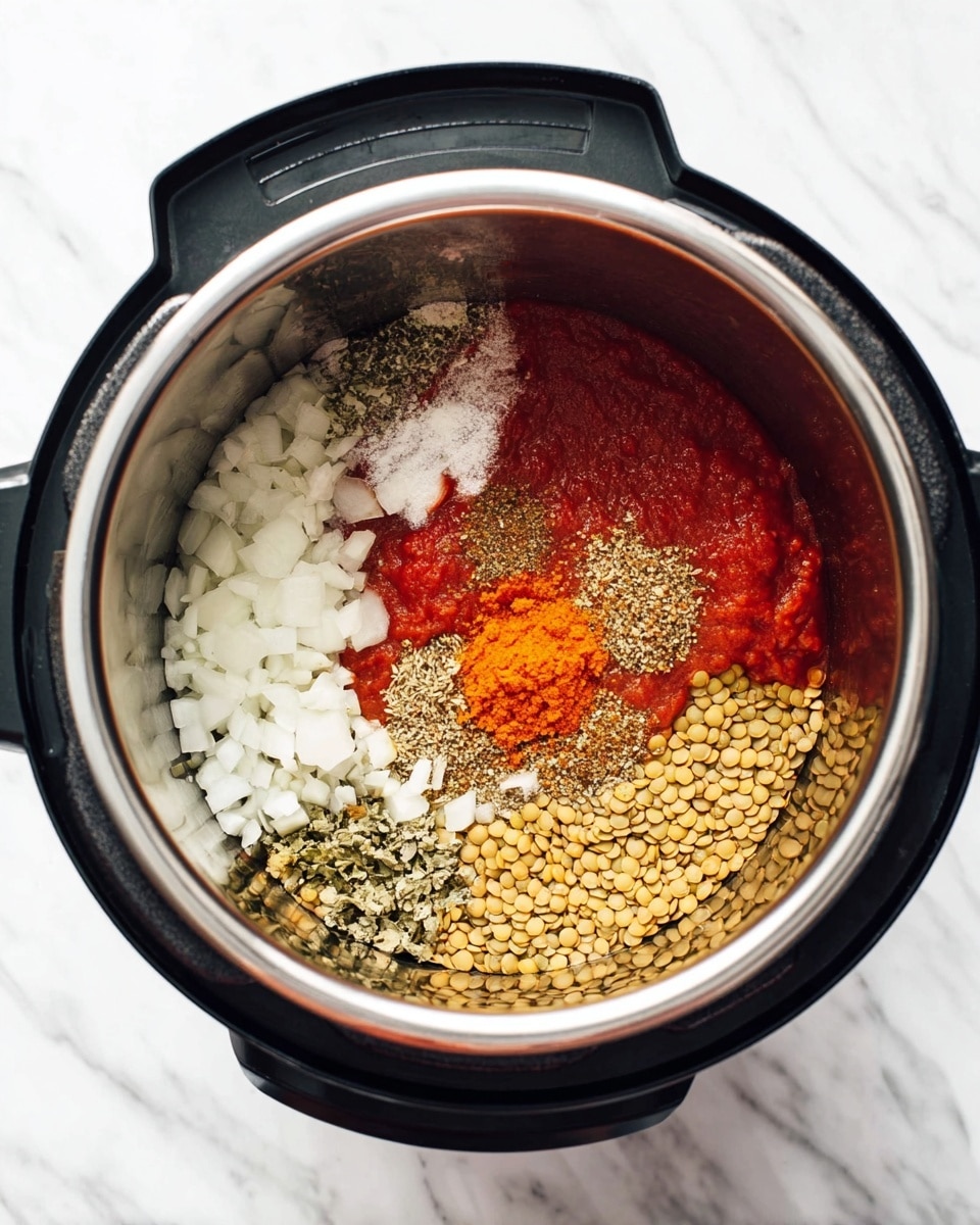 Inside a black instant pot with a shiny silver inside, there are several ingredients layered separately. On the left, there is a layer of finely chopped white onions and light green minced garlic below it, along with a dusty white powder of salt above. On the bottom right, pale yellow and green dried lentils fill the space. On the top right, there is a thick smooth layer of bright red tomato sauce, topped with a brownish-yellow layer of ground spices. In the center on top of the lentils, there is a small pile of bright orange paste. All this sits on a white marbled surface. Photo taken with an iphone --ar 4:5 --v 7