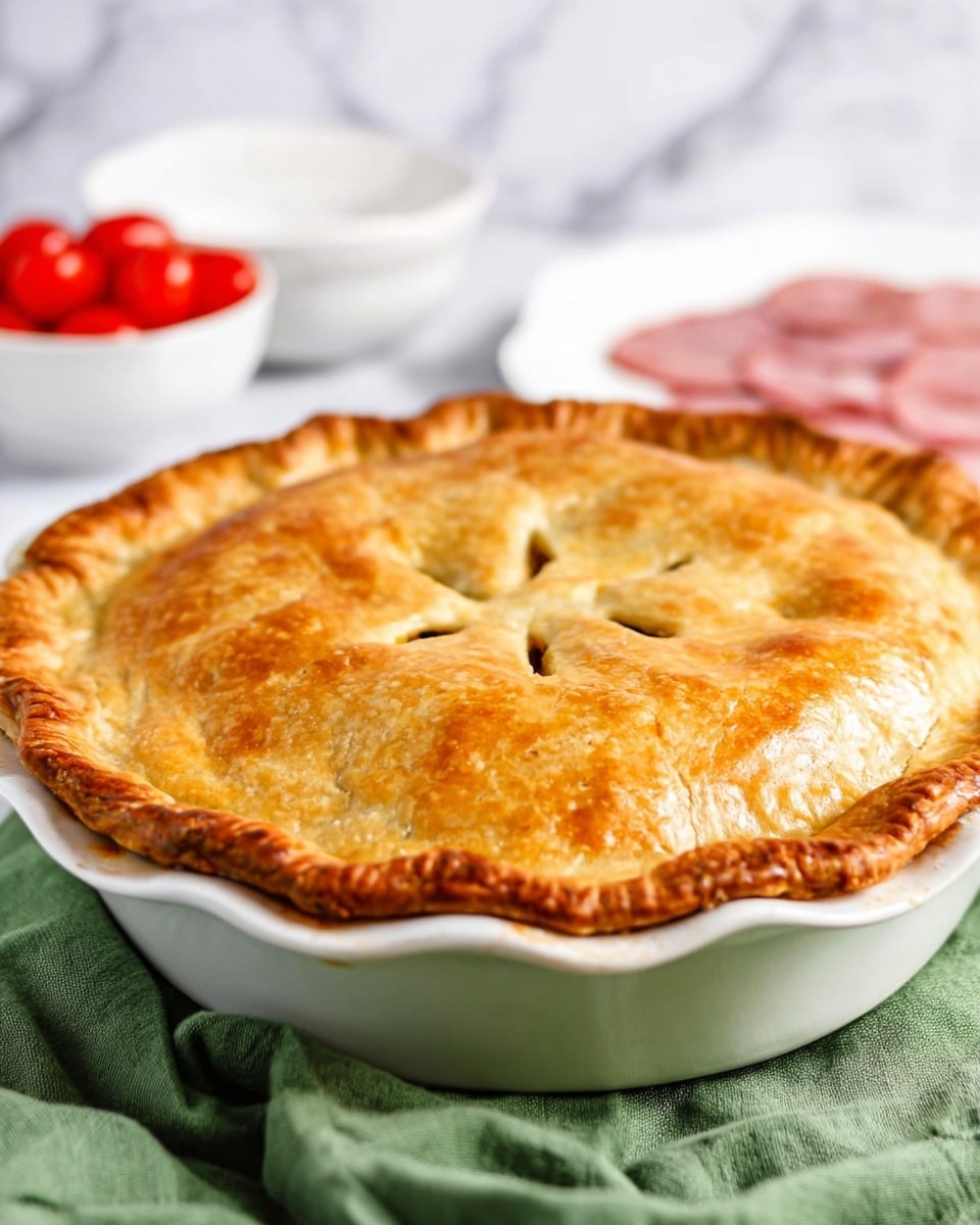 The image shows a golden brown pie with a shiny crust that has slight browning around the edges, held in a white pie dish with a scalloped edge. The pie top has four small vent slits arranged in a star shape near the center, with light ridges and a slightly crimped outer rim. The pie dish rests on a green cloth, placed on a white marbled surface. In the background, there are two white bowls, one filled with sliced red cherry tomatoes and the other with slices of pink deli meat, softly blurred with a white plate also visible. Photo taken with an iphone --ar 4:5 --v 7