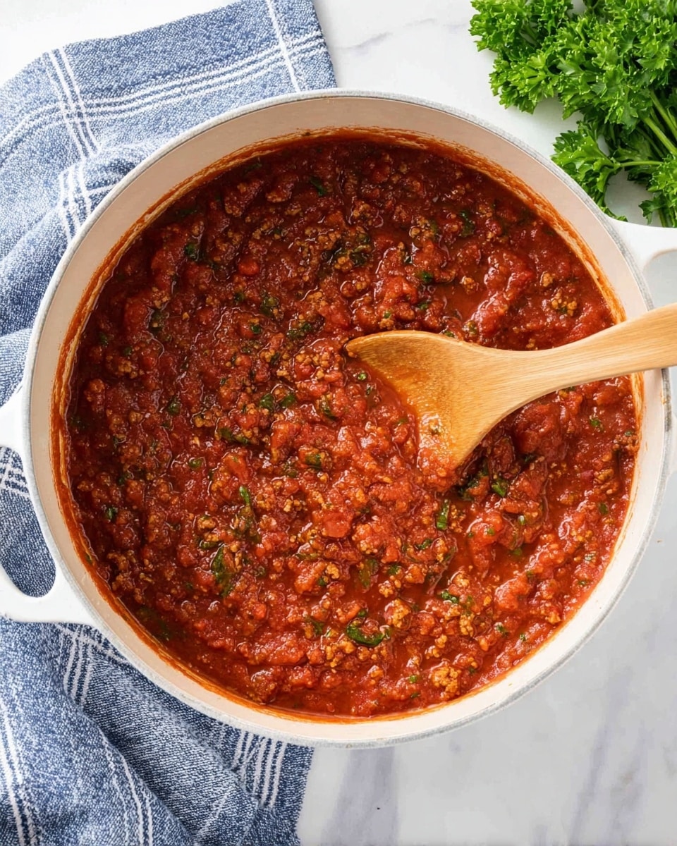 A white pot filled with thick red tomato sauce mixed with small pieces of ground meat and green herbs scattered throughout, creating a rich, textured appearance; a wooden spoon is partially dipped into the sauce, showing off its chunky consistency. The pot is placed on a white marbled surface with a blue and white striped cloth partially visible underneath on the left side, and fresh green parsley rests on the top right. photo taken with an iphone --ar 4:5 --v 7
