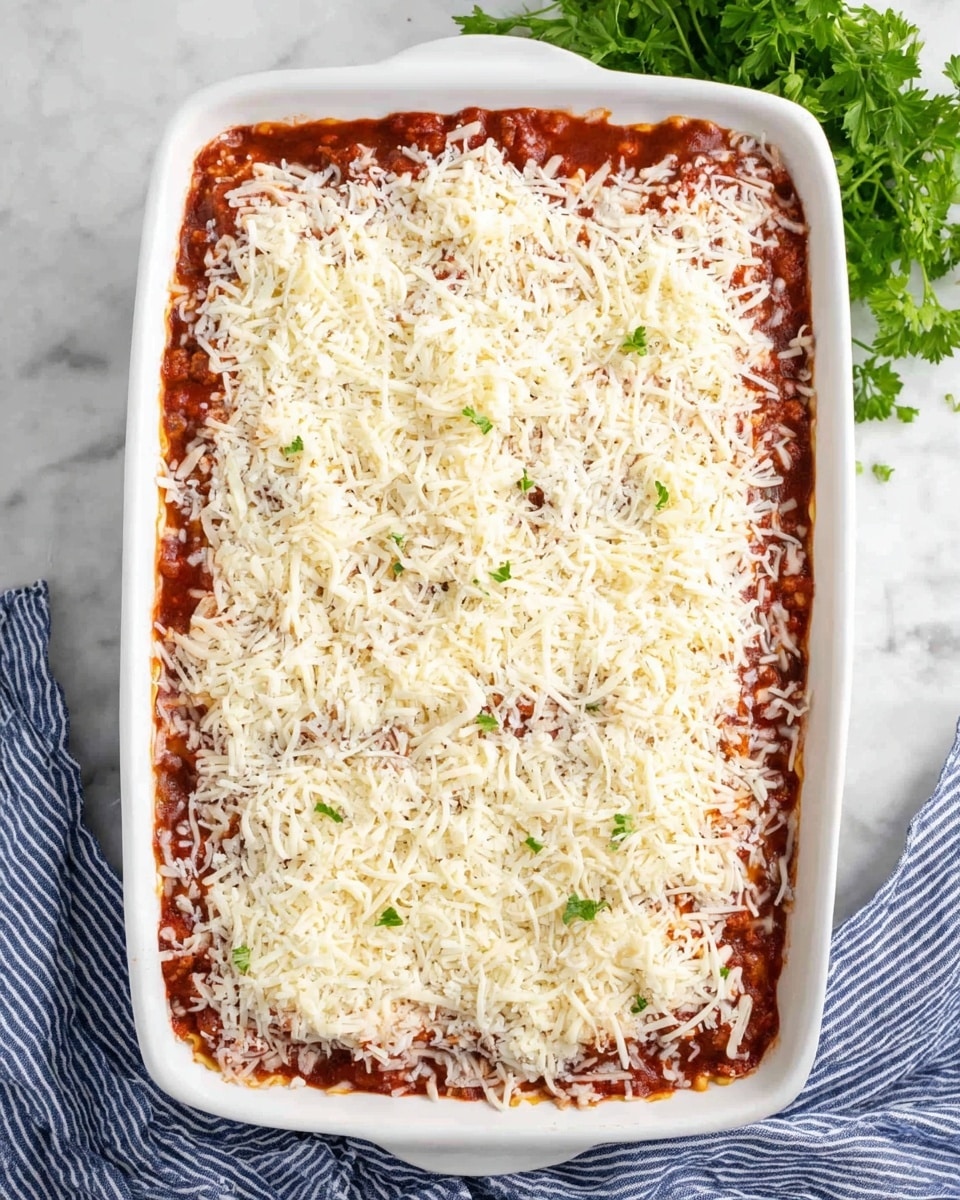 A white baking dish filled with a layered lasagna sits on a white marbled surface next to a blue and white striped cloth and green parsley leaves. The top layer is covered with a thick, even spread of shredded white cheese mixed with grated pale yellow cheese, showing a soft and slightly stringy texture. Beneath the cheese topping, rich red tomato sauce with hints of ground meat can be seen lightly peeking out around the edges, suggesting multiple layers of sauce, cheese, and pasta within. Photo taken with an iphone --ar 4:5 --v 7