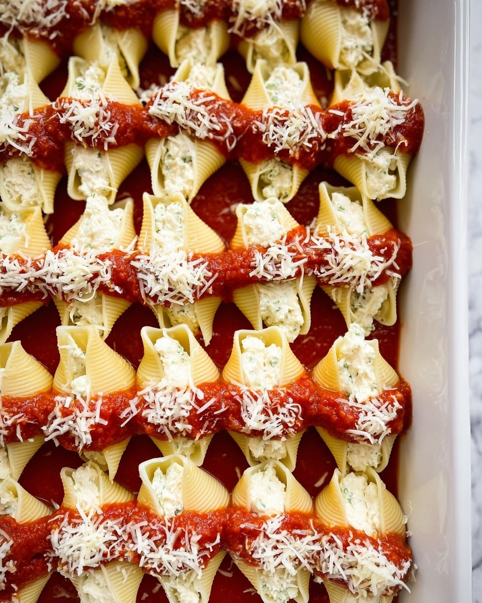 This image shows a white rectangular dish full of large pasta shells arranged in rows. Each shell is stuffed with a creamy white cheese mixture and topped with a bright red tomato sauce dollop in the center. Over the tomato sauce, there is a generous sprinkle of shredded white cheese on each shell, giving a textured look. The shells rest on a layer of the same red tomato sauce that covers the bottom of the dish. The colors contrast well with the white dish and the white marbled surface beneath it. The overall effect is neat and appetizing. photo taken with an iphone --ar 4:5 --v 7