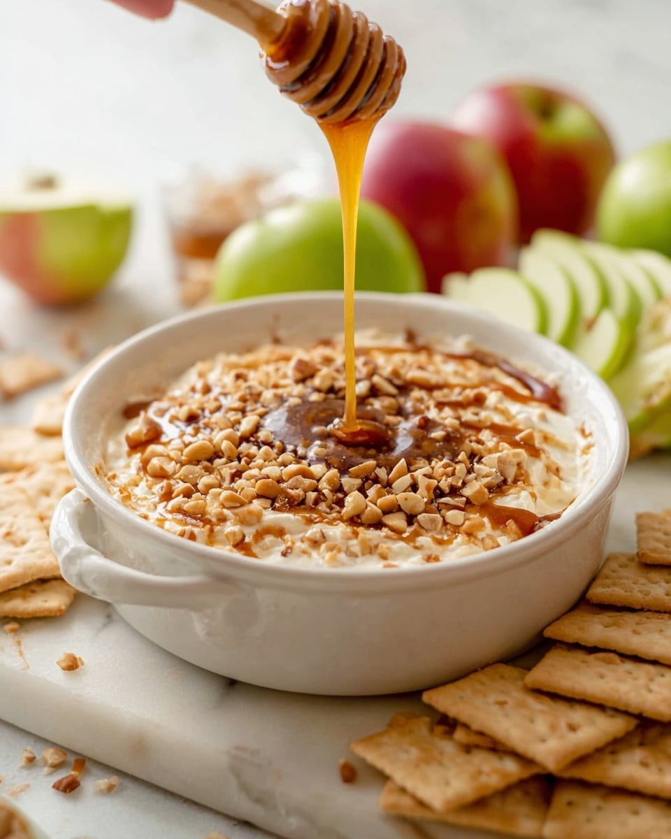 A white bowl with two small handles holds a layered dip. The bottom layer is creamy and white, topped generously with a layer of crunchy chopped nuts, light brown in color. A woman’s hand is pouring a golden caramel sauce over the nuts, adding a glossy, flowing texture to the top. Around the bowl are light brown rectangular crackers arranged neatly, and slices of green and red apples sit on a white marbled surface in the background. The whole scene is bright and fresh, with natural light enhancing the textures and colors, photo taken with an iphone --ar 4:5 --v 7