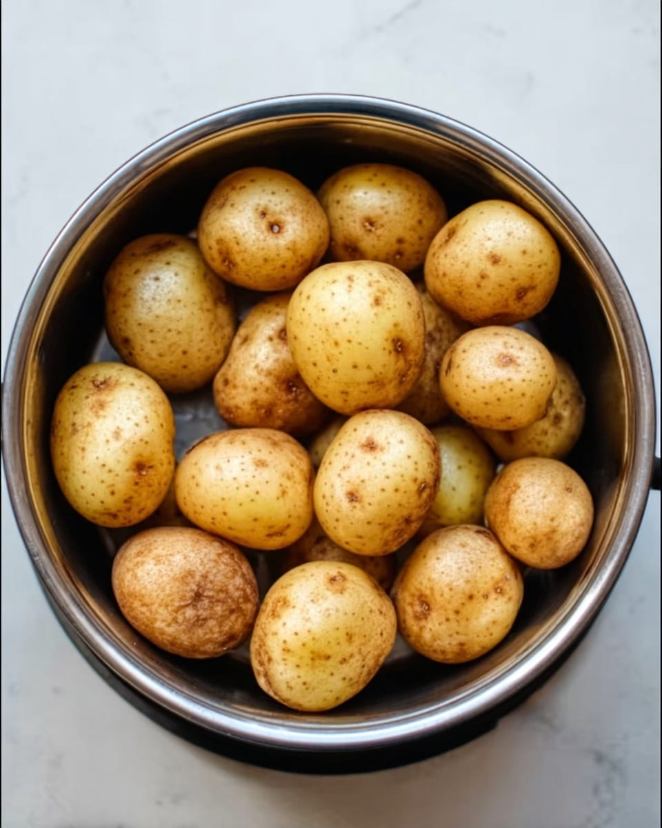 The image shows a round metal pot filled with about fifteen small, light brown potatoes with some darker spots. The potatoes are arranged in one layer, filling the pot evenly. The pot sits on a white marbled surface, giving a clean and simple look. The lighting highlights the smooth and slightly rough texture of the potatoes' skin. photo taken with an iphone --ar 4:5 --v 7