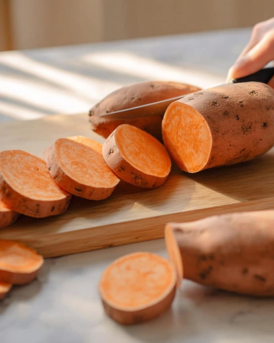 The image shows a baked sweet potato with the skin slightly open, revealing a mound of bright orange, smooth mashed sweet potato inside. The mashed layer is thick and creamy, covering the center of the potato and rising just above the edges of the slightly crisped, darker brown skin. The surface around the potato is a white marbled texture with small scattered herb bits and light droplets of oil shining softly. In the background, there are blurred hints of other similar potatoes. Photo taken with an iphone --ar 4:5 --v 7