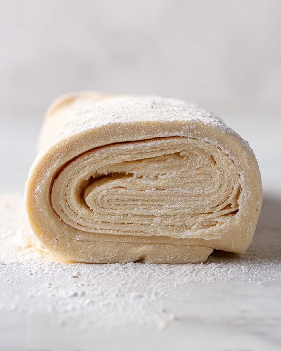The image shows a rolled piece of dough sliced to reveal multiple thin layers inside. The dough is light beige in color with a soft, slightly rough texture, and a dusting of white flour covers the top and surface around it. The layers are closely packed and evenly folded, creating a spiral pattern from the inside out. The dough sits on a white marbled surface with soft, natural lighting emphasizing its texture and color. photo taken with an iphone --ar 4:5 --v 7