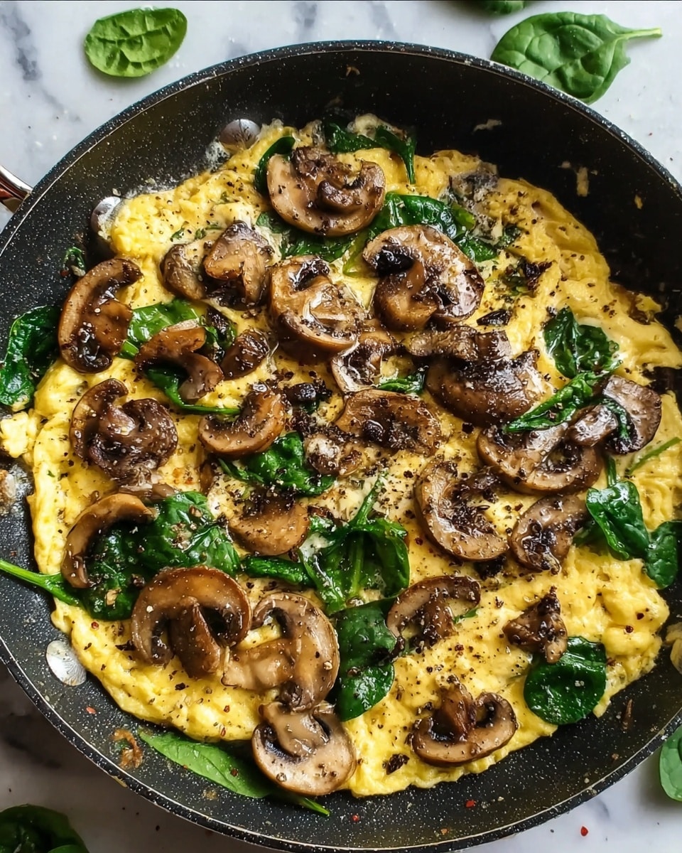 A black skillet filled with scrambled yellow eggs with soft, fluffy texture as the base layer. On top, there are multiple slices of cooked brown mushrooms, slightly shiny from cooking oil, evenly spread across the eggs. Bright green spinach leaves are scattered within the eggs and mushrooms, providing a fresh contrast in color. The food is garnished lightly with cracked black pepper. The skillet sits on a white marbled surface with a few spinach leaves placed nearby. photo taken with an iphone --ar 4:5 --v 7