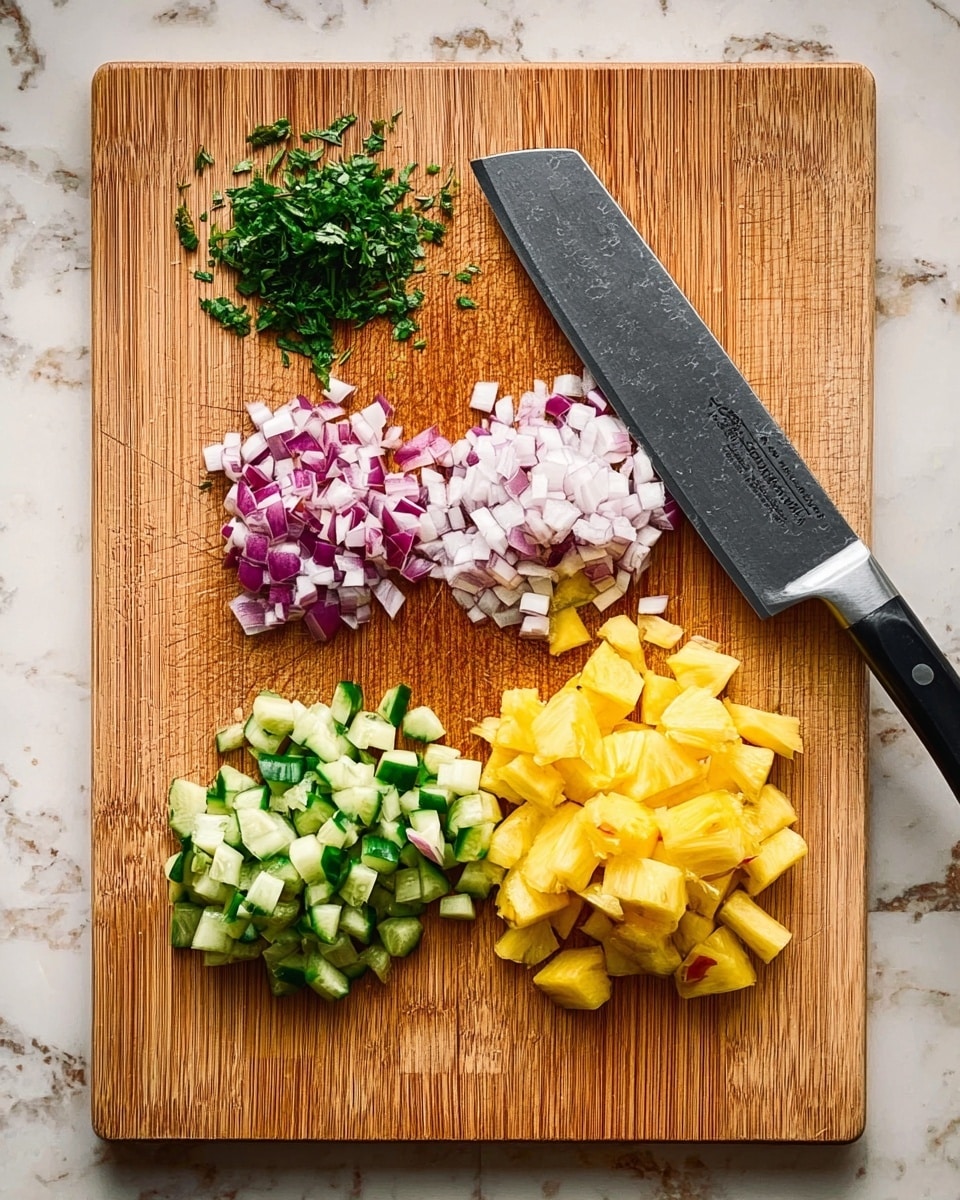 The image shows a wooden cutting board placed on a white marbled surface with four piles of chopped ingredients arranged neatly. From left to right, there is a small pile of chopped green herbs, a pile of chopped red onion with white layers, a pile of bright green chopped cucumber pieces, and a pile of yellow chopped pineapple chunks. A large kitchen knife with a black handle rests diagonally across the board, pointing to the top right. The photo taken with an iphone --ar 4:5 --v 7