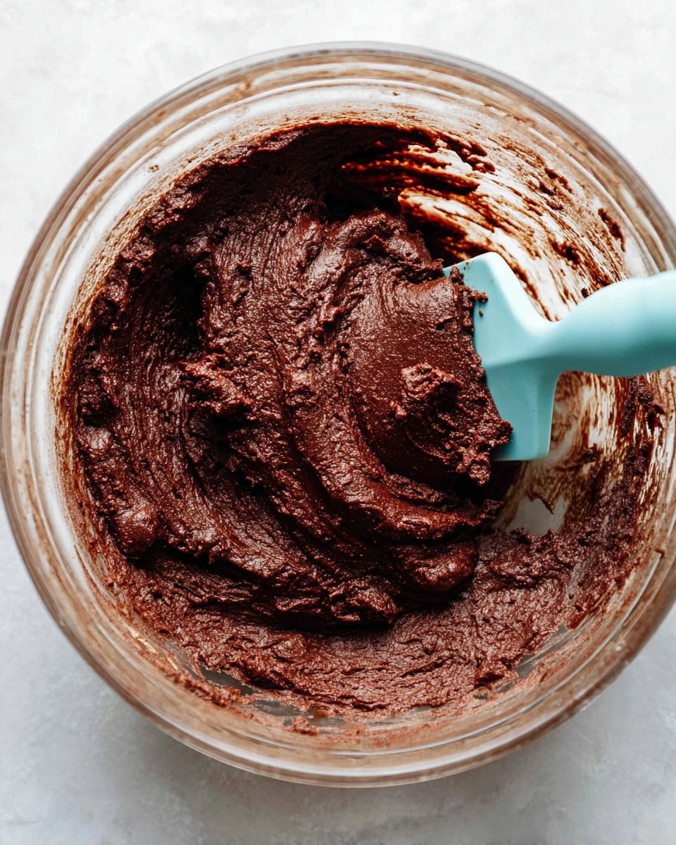 The image shows a glass bowl filled with thick, dark brown chocolate batter that has a smooth and dense texture with visible streaks and slight lumps. A light blue spatula is partially immersed on the right side, blending the batter, which has a rich, moist appearance. The inside edge of the bowl is smeared with some of the batter, showing a rough spread pattern. The bowl sits on a white marbled surface. photo taken with an iphone --ar 4:5 --v 7