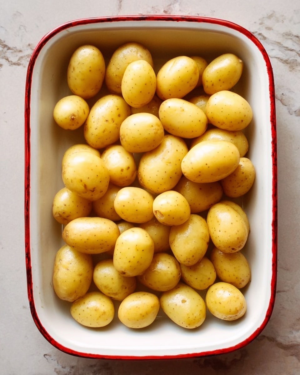 A white ceramic baking dish with a red trim holds two layers of small, smooth yellow potatoes. The potatoes are arranged tightly together, showcasing their round and oval shapes with slight natural spots. The dish is placed on a white marbled surface. photo taken with an iphone --ar 4:5 --v 7