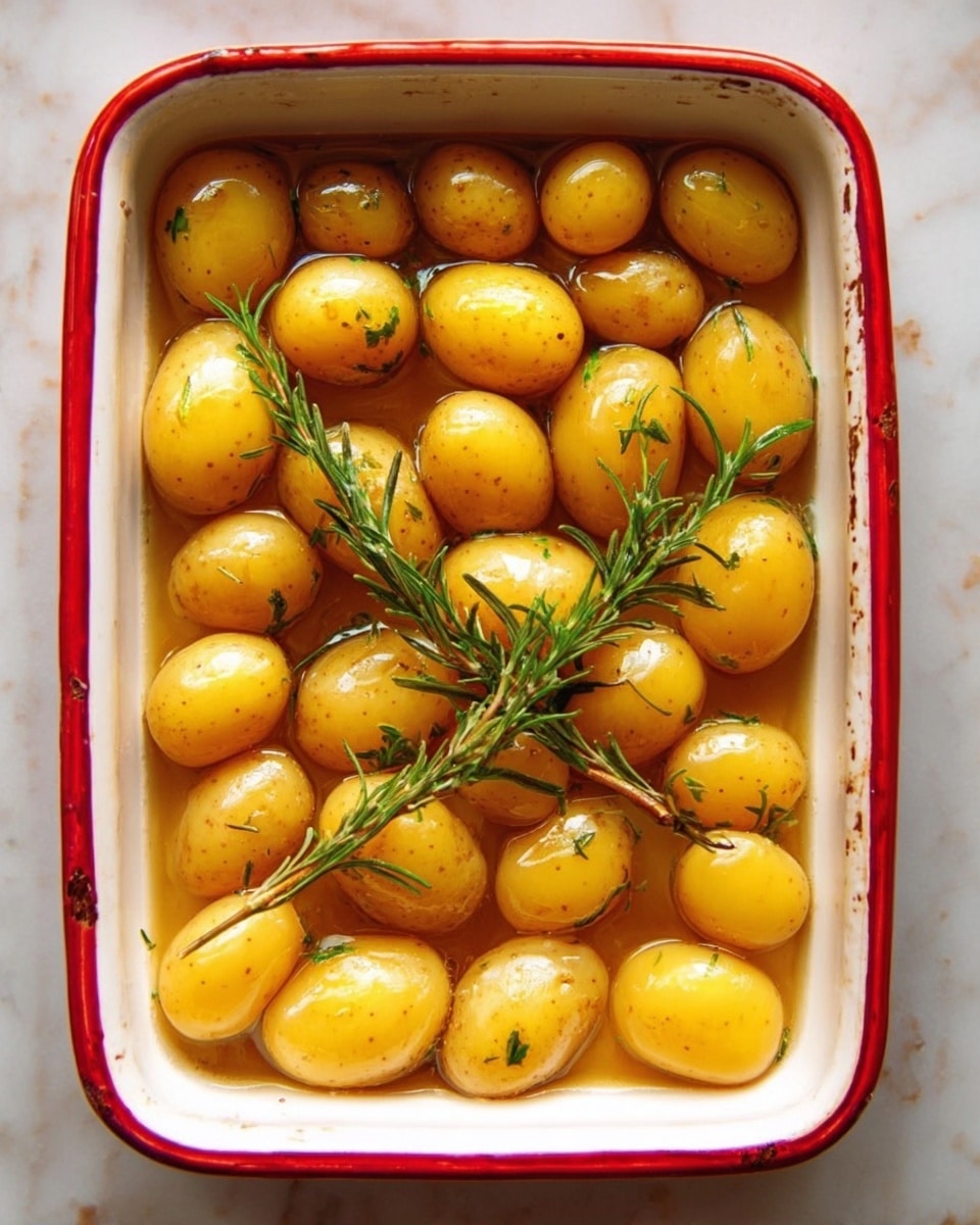 The image shows a white rectangular baking dish with a red rim filled with small yellow potatoes soaked in a light brown liquid. There are two green sprigs of rosemary placed across the middle of the potatoes, adding a fresh contrast. The potatoes are evenly spread, covering the dish's bottom without overlapping too much. The dish sits on a white marbled surface, highlighting the warm colors of the potatoes and herbs photo taken with an iphone --ar 4:5 --v 7