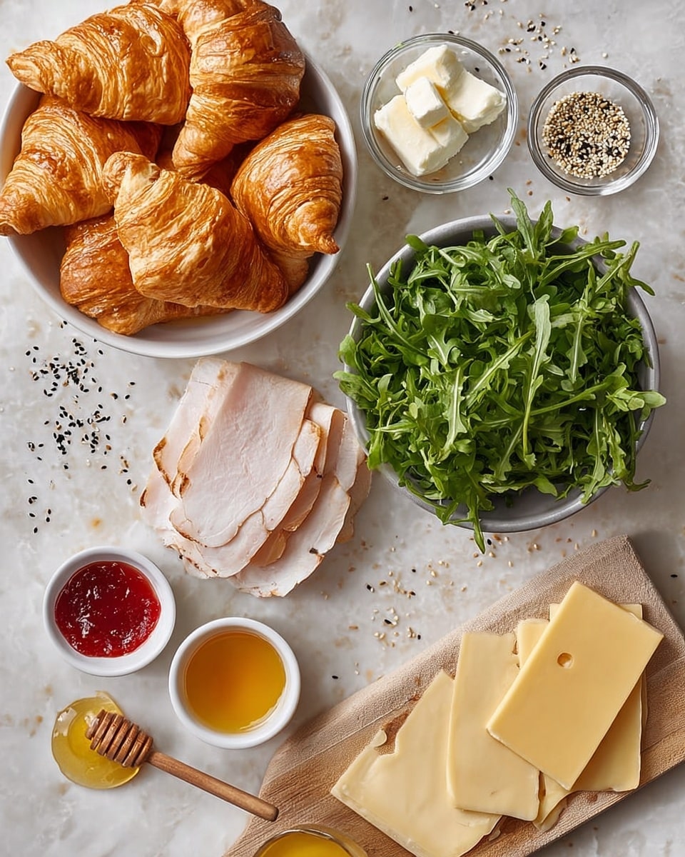 The image shows five small croissant sandwiches on brown parchment paper with some sesame and black seeds sprinkled on top. Each croissant is golden brown and flaky with a shiny crust, layered with green leafy arugula and light-colored slices of turkey or chicken deli meat peeking out from the sides. The sandwiches have a slightly rustic and fresh look. On the bottom left corner, a white silicone brush with a wooden handle rests on the paper. The background is a white marbled texture, and there is a soft, beige cloth in the top left corner. photo taken with an iphone --ar 4:5 --v 7