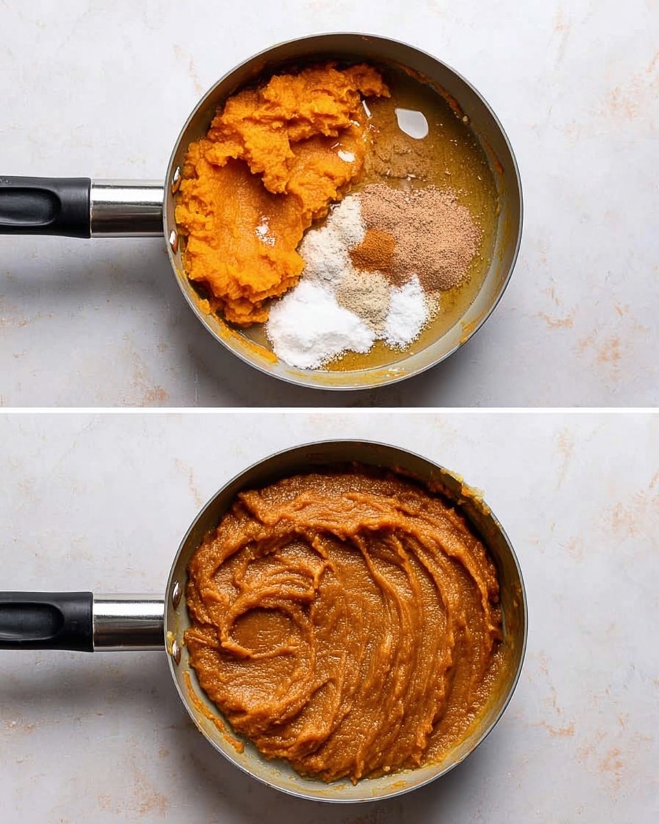 A white pie dish holds a pumpkin pie with one slice removed, showing the smooth orange filling as the top layer. The pie crust is golden brown with a wavy edge all around. On top, there are three small maple leaf-shaped dough pieces placed near the center and two larger leaf shapes near the crust at the bottom. A single slice of pie sits on a white plate near the dish with a dollop of white whipped cream on top. Another slice with whipped cream is on a separate white plate at the bottom, with a silver fork beside it. A small white plate in the corner holds extra leaf-shaped crust pieces. A small metal cup with a spoon holds more whipped cream nearby. The scene is set on a white marbled surface with a white cloth under the main pie dish. Photo taken with an iphone --ar 4:5 --v 7
