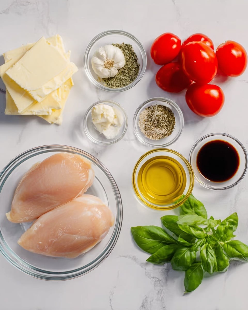 The image shows two raw chicken breasts in a clear glass bowl at the bottom left on a white marbled surface. To the left of the bowl are thin slices of pale yellow butter stacked neatly. Surrounding the bowl are small clear glass bowls with different ingredients: two cloves of garlic, dried herbs mixed with salt in one bowl, black pepper with salt in another, a light golden oil, a small amount of dark brown soy sauce, and a clear liquid. On the top right, there are three whole bright red tomatoes and a small bunch of fresh green basil leaves. The scene is lit evenly, highlighting the fresh and raw ingredients, with a white marbled surface as the background. photo taken with an iphone --ar 4:5 --v 7