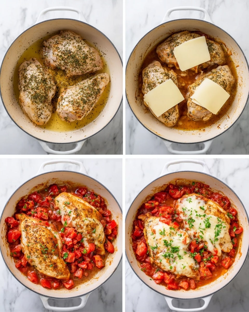 The image shows four steps of cooking a chicken dish in a round white pot on a white marbled surface. The first image has two raw chicken pieces seasoned with herbs in the pot. The second image shows three cooked chicken pieces with a browned texture and some oil in the pot. The third image has the same chicken pieces with four slices of pale yellow cheese placed on top. The final image shows the chicken pieces now topped with melted cheese, bright red diced tomatoes, and chopped green herbs in a red sauce covering the bottom of the pot. Photo taken with an iphone --ar 4:5 --v 7