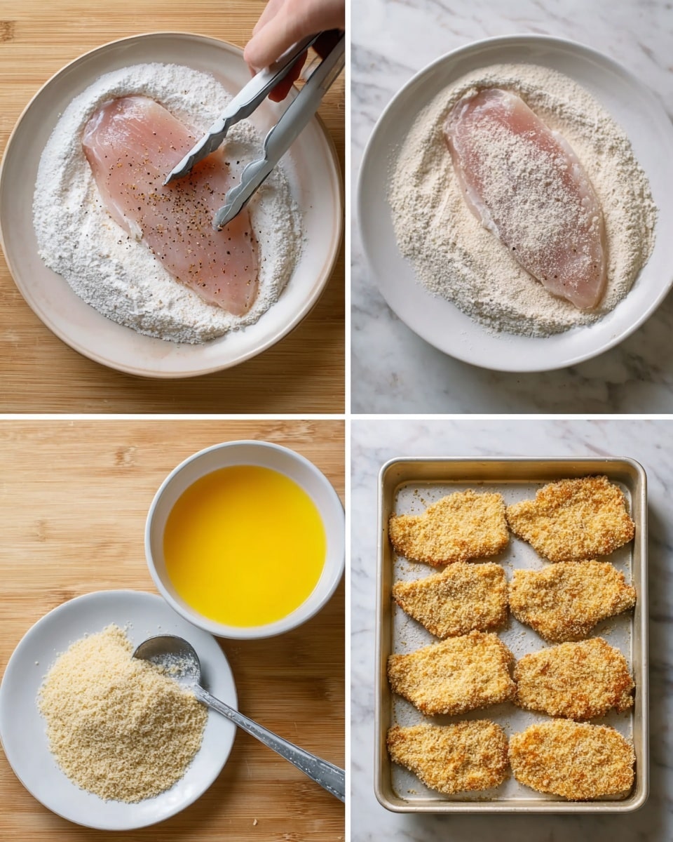 The image shows a four-part step process of coating meat slices. The first part has a woman's hand holding tongs, placing a light pink meat slice with black pepper on a white plate filled with white flour. The second part shows a piece of meat covered in flour being dipped into a white bowl filled with yellow, beaten eggs. The third has a white plate with piles of beige breadcrumbs and a spoon, as a woman’s hand presses the egg-covered meat into the breadcrumbs. The last part shows several breaded meat slices arranged neatly in a baking tray. The background is a white marbled surface. photo taken with an iphone --ar 4:5 --v 7