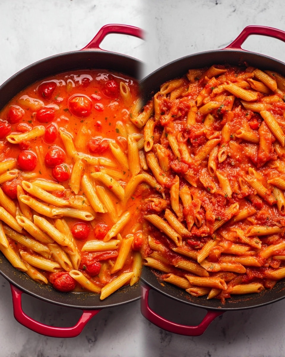The image shows two black pans with red handles on a white marbled surface, filled with penne pasta and tomato sauce at different cooking stages. The left pan contains pasta submerged in a bright red tomato broth with visible cherry tomato halves and bits of herbs, creating a soupy texture with a mix of red, orange, and light yellow tones. The right pan shows fully cooked pasta coated evenly in a thicker, deeper red tomato sauce with a slightly chunky texture, and the pasta is well mixed with the sauce, showing no broth. Photo taken with an iphone --ar 4:5 --v 7
