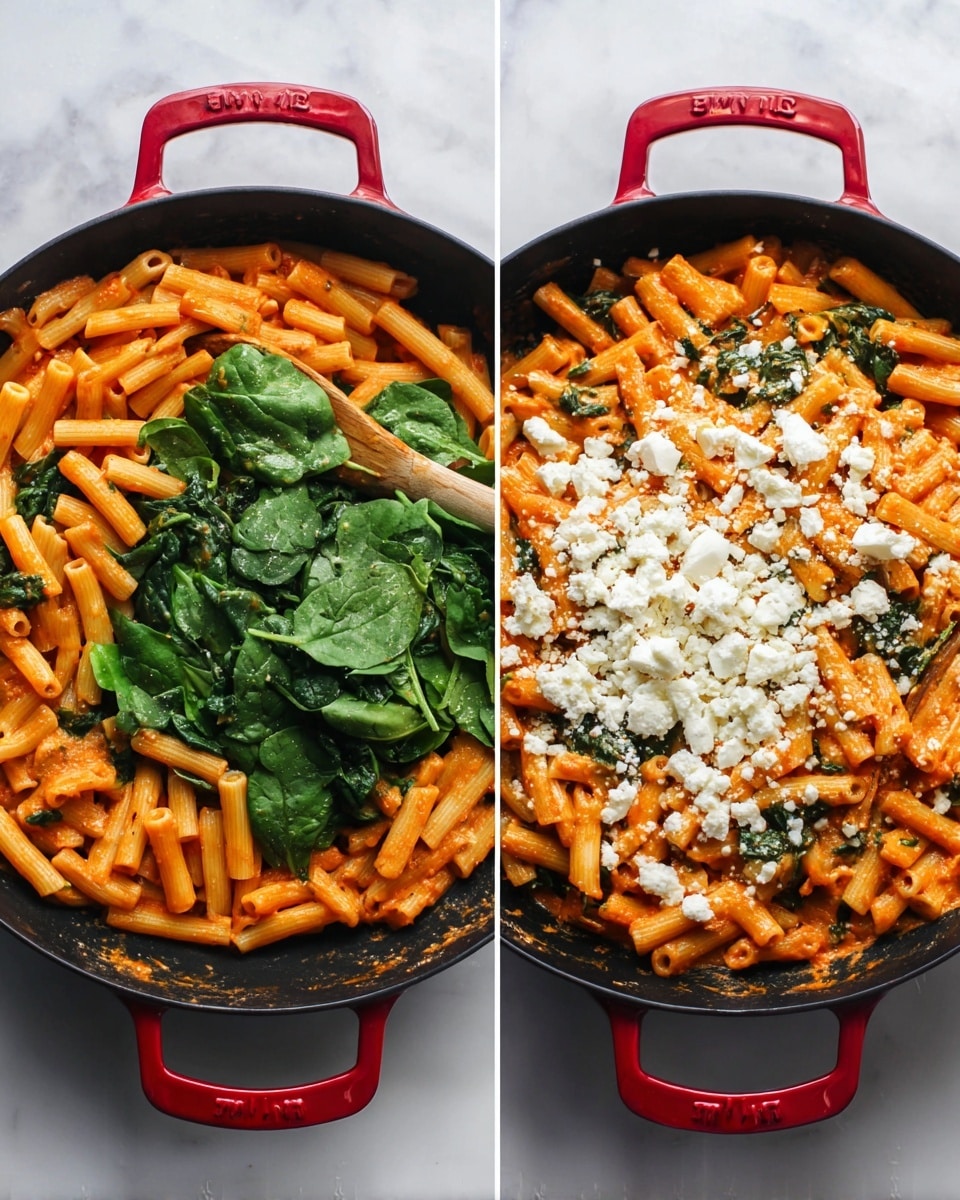 A black skillet filled with short tube-shaped pasta coated in a red-orange sauce sits on a white marbled surface. In the left image, the pasta forms the bottom layer, covering the skillet. On top, fresh dark green spinach leaves are scattered mainly on the right side, and crumbled white cheese piles up in the center. In the right image, the pasta is mixed with the spinach and cheese, showing a creamy red-orange sauce with wilted green spinach leaves evenly spread among the pasta. The skillet handles have red accents. Photo taken with an iphone --ar 4:5 --v 7