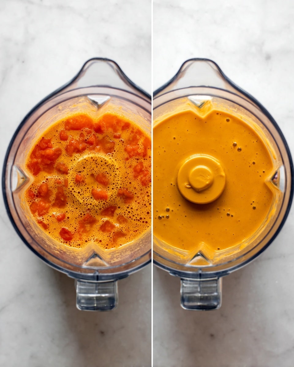 The image shows two top-down views of a clear blender sitting on a white marbled surface. The left side has a mixture of chunky orange and red ingredients, with a liquid base and bits floating, creating a textured and slightly bubbly surface. The right side shows a creamy, smooth orange liquid with a thicker consistency, covering the blades inside the blender. Both images highlight the inside of the blender and its contents clearly. photo taken with an iphone --ar 4:5 --v 7