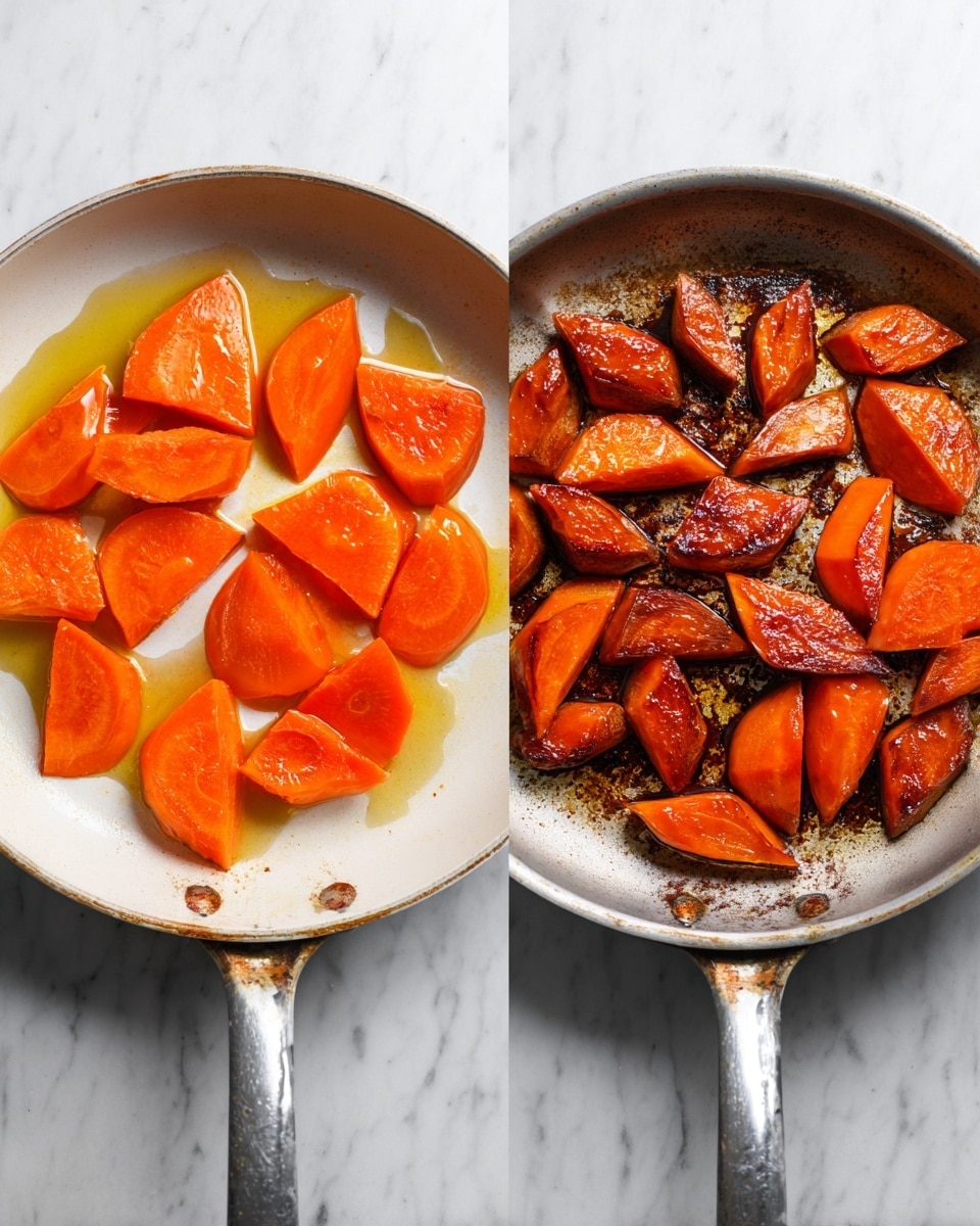 The image shows two white pans side by side on a white marbled surface. The left pan contains bright orange slices of a root vegetable, arranged in a single layer, partially cooked with some oil visible in the pan. The slices are triangular and look fresh and firm. The right pan has the same slices, but they are now cooked and browned, with a shiny caramelized layer of glaze on top, creating rich textures and darker orange and brown tones. Both pans have a worn metal handle, and the surface details of the pans are visible. Photo taken with an iphone --ar 4:5 --v 7