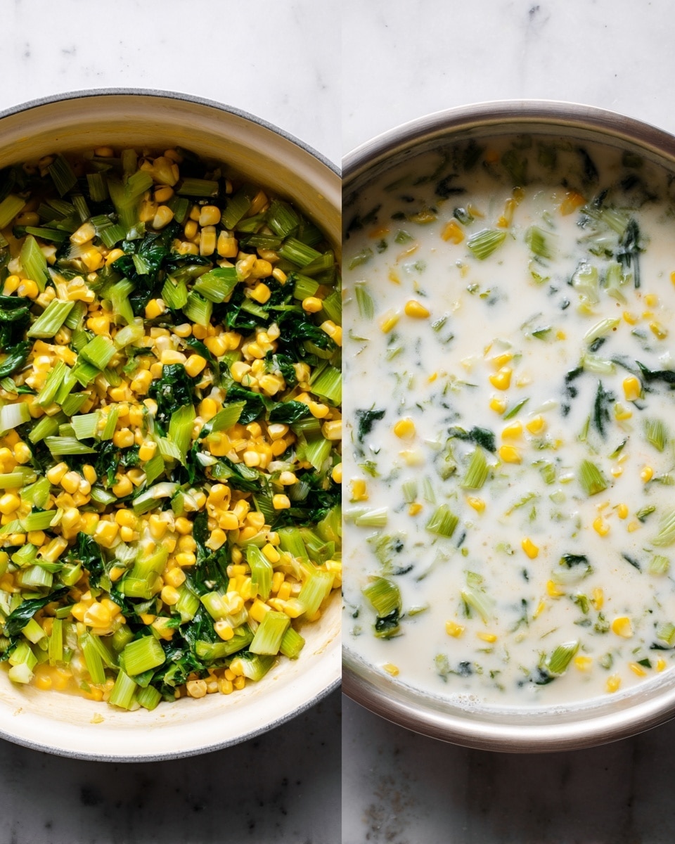 The image shows two white pans on a white marbled surface. The pan on the left holds a mix of yellow corn kernels and bright green leafy vegetables, with visible pieces of light green celery, all cooked together with a slightly glossy texture. The pan on the right contains a creamy white liquid with small pieces of green leafy vegetables and bits of yellow corn floating evenly throughout the mixture, giving it a smooth and thick look. Photo taken with an iphone --ar 4:5 --v 7