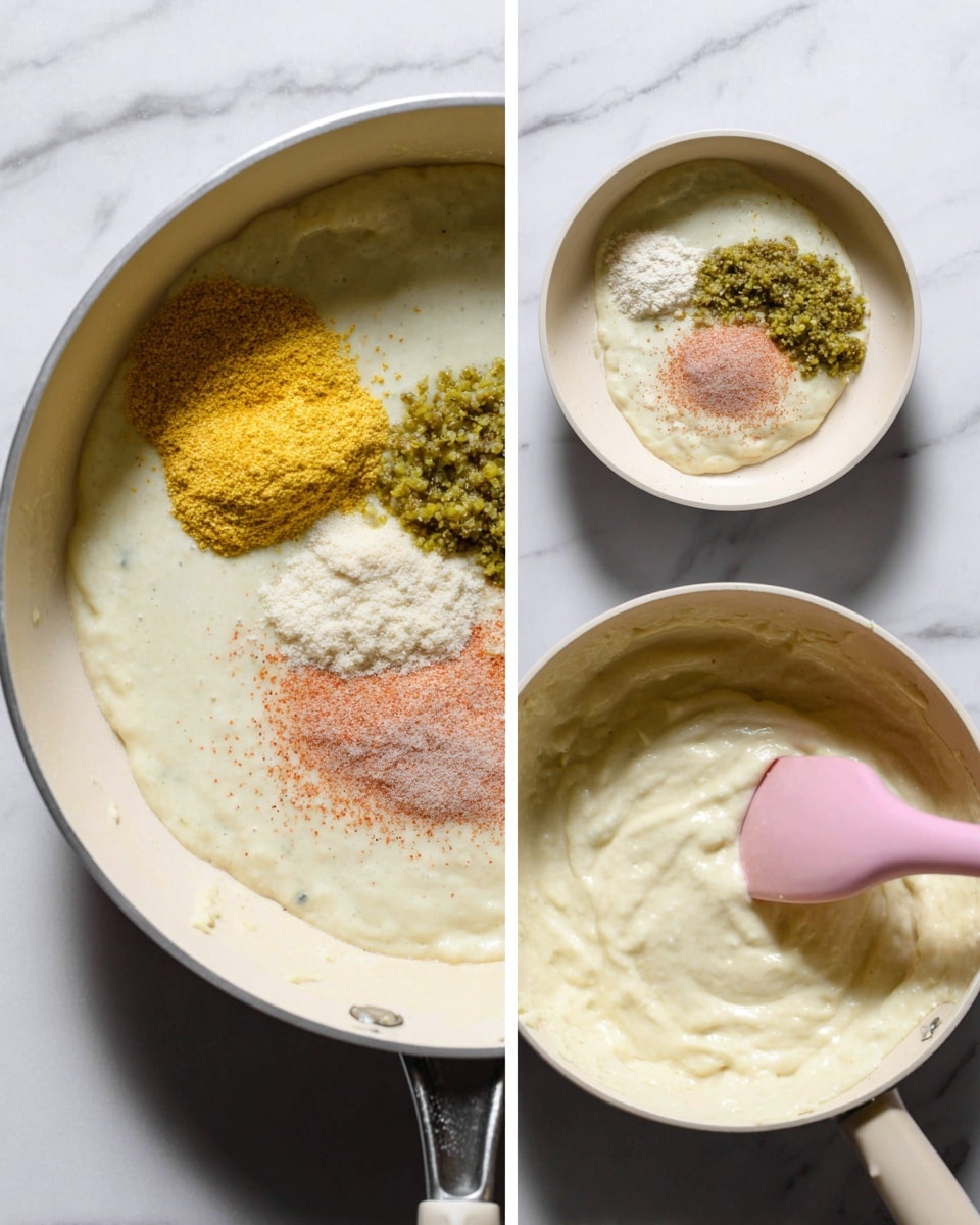 A white pan on a white marbled surface holds a creamy white base with four separate piles of ingredients on top: a mound of yellow powder near the bottom, a small pile of green chopped pieces on the left, a small pile of off-white powder above with a sprinkle of red powder on top. In the second image, the ingredients are fully mixed into a smooth, thick, creamy white batter with small specks throughout. A pink spatula stirs the mixture on the right side of the pan. Photo taken with an iphone --ar 4:5 --v 7
