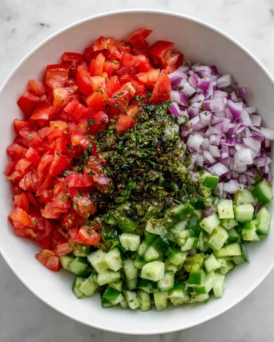 A white bowl filled with finely chopped salad pieces, showing layers of bright red tomatoes, light green cucumbers with dark green edges, and bits of purple-red onion mixed evenly throughout. The salad pieces look fresh, small, and moist, sitting against a smooth white marbled background. The colors are vibrant and spread evenly across the bowl's surface, creating a colorful, fresh look photo taken with an iphone --ar 4:5 --v 7