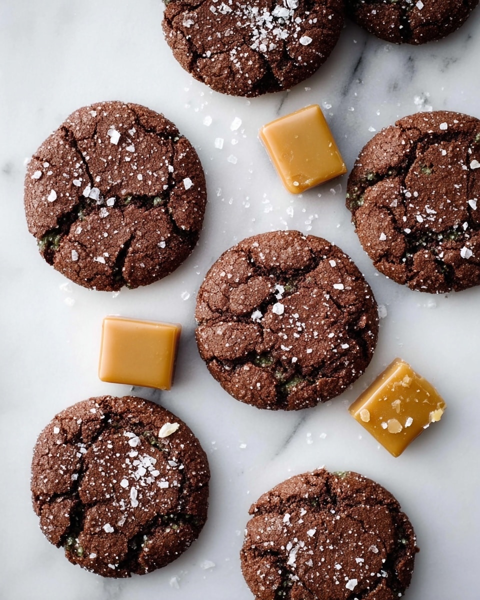 A woman's hand holds a round, flat piece of dark brown dough with a smooth texture. On top of the dough, near the center, sits a small square of light brown caramel with a slightly shiny, soft appearance. The background is a deep blue color with a rough, textured look. photo taken with an iphone --ar 4:5 --v 7