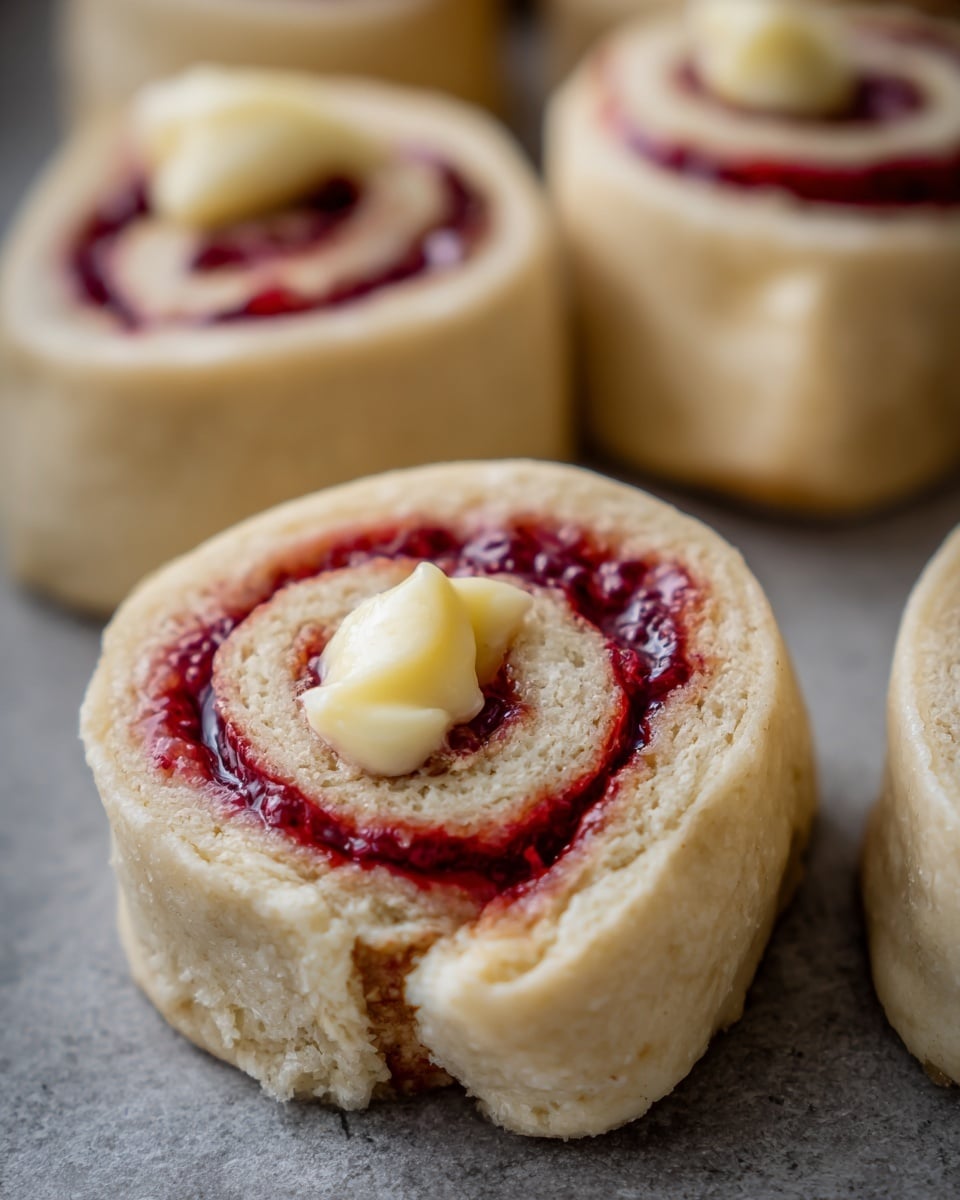 The image shows close-up swirled rolls made of light beige dough with visible texture on the outer layer. Each roll has a bright red jam layer spiraled inside, creating two clear red swirls inside the dough. On the top center of each roll, there is a dollop of creamy pale yellow filling that looks smooth and shiny. The rolls are placed on a soft gray surface with slight texture. The focus is sharp on the front roll and softly blurred in the background, showing other similar rolls. photo taken with an iphone --ar 4:5 --v 7