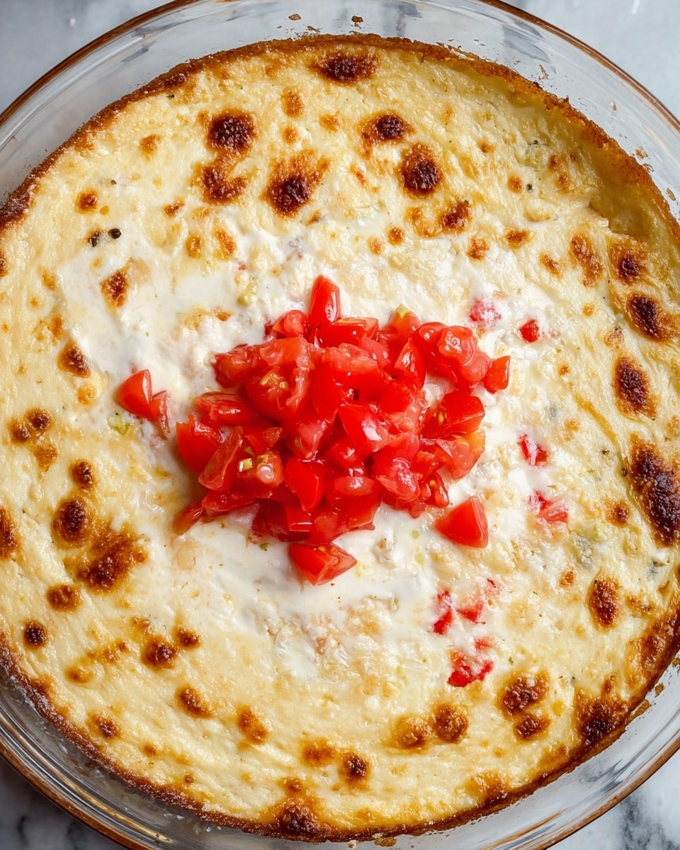 The image shows a clear glass round dish filled with a baked cheese dip. The top layer is golden brown with some dark brown spots from baking, with a slightly bubbly and creamy texture. Inside the dip, there are some small chopped red tomato pieces visible near the center. A woman's hand with black painted nails is holding a light brown toasted bread round, lifting it with melted white cheese stretching from the dip to the bread. The dish is set on a white marbled surface. photo taken with an iphone --ar 4:5 --v 7