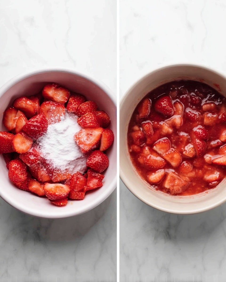 The image shows two white bowls on a white marbled surface. The left bowl is filled with bright red sliced strawberries, and a white powdery substance is sprinkled on top, centered in the bowl. The right bowl contains a mixture of cooked strawberries that look soft and slightly thickened, showing some bits of fruit in a shiny, red sauce. The bowls are simple and round, placed side by side in a clean setting. Photo taken with an iphone --ar 4:5 --v 7