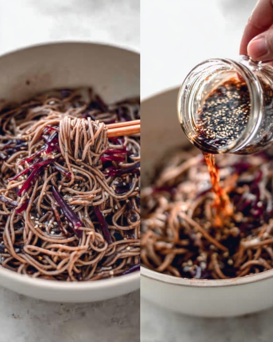 The image shows a white bowl filled with cooked brown noodles mixed with thin dark purple vegetable strips. A pair of chopsticks rests inside the bowl on the right side, lifting some noodles. A woman's hand is pouring a dark sauce with sesame seeds over the noodles from a small glass jar on the right side of the image. The bowl sits on a white marbled surface. photo taken with an iphone --ar 4:5 --v 7